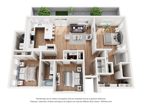 Floor plan for 3 beds, 2 baths, 1225 sqft